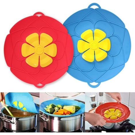 Juego de 2 tapones antivertido de silicona para sartenes y ollas, azul y rojo (1/5)
