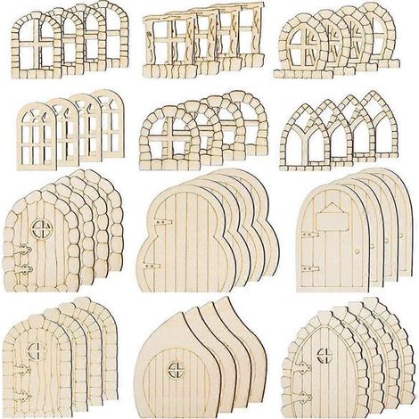 Kit de 48 portes de fées miniatures pour jardin, fenêtres miniatures à peindre, non finies. (1/5)