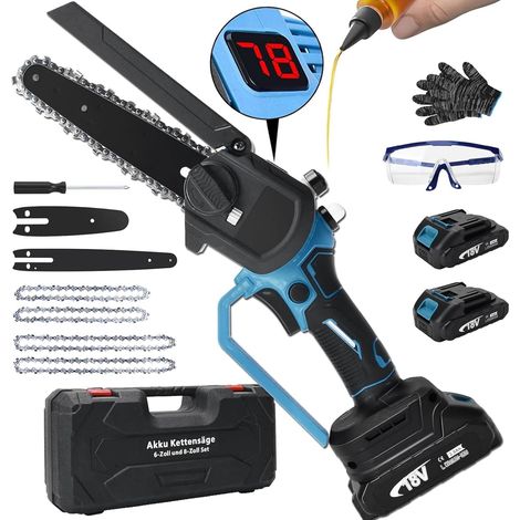 450W Moteur EC sans balais, Avec système de lubrification automatique, Chaîne en acier au manganèse, mit 2X 2000mAh Batterie, Compatible avec Makita 18V, avec chaîne de 6 + 8 pouces, 22500(U/min)