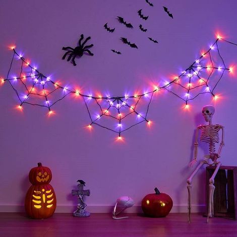 Toile d'araignée Lumineuse Halloween 180cm - Guirlande LED USB 60 Lumières 8 Modes & Araignées - Décoration Intérieur Extérieur (1/5)