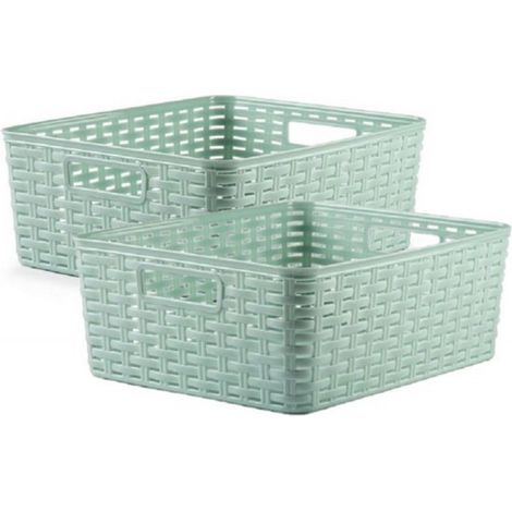 Lot de 3 paniers/boîtes de rangement en rotin tressé plastique - Vert menthe - 28 x 36 x 13,5 cm - Paniers pour placard (1/2)