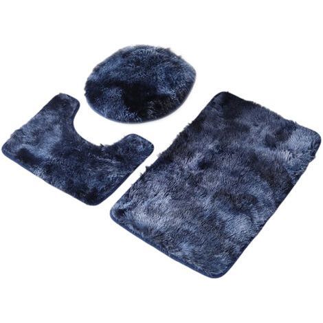 Ensemble de tapis de bain trois pièces, comprenant un tapis incurvé et une housse de siège de toilette brodée unie, bleu marine. (1/5)