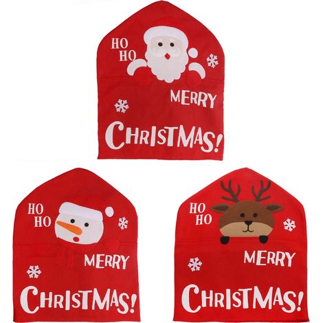 Lot de 3 housses de chaise de Noël, Motifs appliqués : Père Noël, bonhomme de neige et renne, Décoration festive pour chaises de salle à manger (1/5)