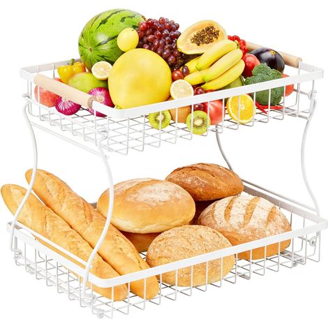 1 Corbeille à Fruits 2 Étages en Métal, Poignées en Bois, Design Démontable, pour Cuisine et Salle de Bain