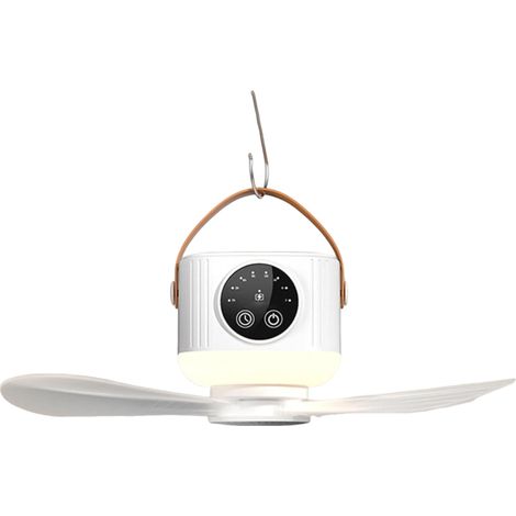 Mini ventilador de techo USB – Blanco, luz integrada, control remoto, 3 ventiladores desmontables, batería de 3600 mAh, temporizador, 4 velocidades – Ideal para camping, tiendas de campaña y dormitori