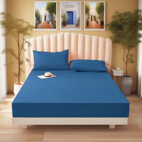 Parure de lit (avec deux taies d'oreiller de 50 x 75 cm), en microfibre de polyester, adaptée aux matelas jusqu'à 30 cm d'épaisseur, 120 x 200 x 30 cm, bleu foncé (1/4)