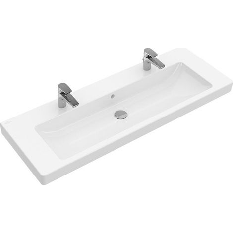 Lavabos con mueble, 1300 x 470 mm, Rectangular, para dos grifos de 1 orificio, orificios para grifería perforados, con rebosadero, Porcelánico sanitario Pergamon CeramicPlus