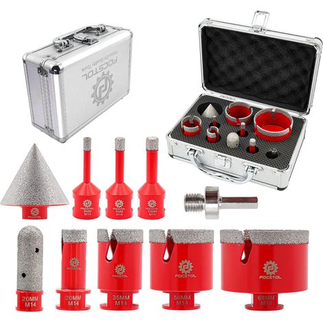 Foret Diamant Kit Trepan Carrelage - Scie Cloche Diamantée pour Porcelaine Carrelage Marbre Granit 10 pièces (6/8/10/20/35/50/68mm+20mm Fraise+50mm Mèches Chanfrein+Adaptateur) (1/5)