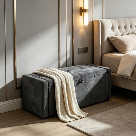 Rangez linge et couvertures avec cette banquette coffre, banc de rangement à siège rembourré pour chambre (1/5)
