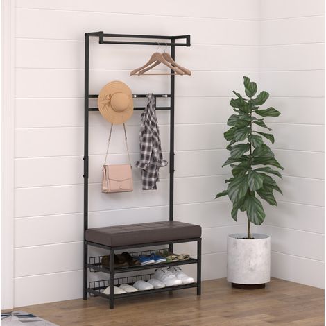 Appendiabiti con panca 72.5x35x180 cm nero in metallo con 5 ganci e 2 ripiani per scarpe (1/5)