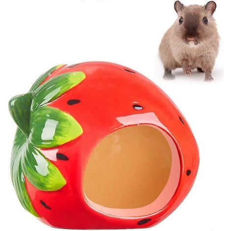 Petite cachette en céramique en forme de fraise, adaptée aux hamsters nains. (1/5)