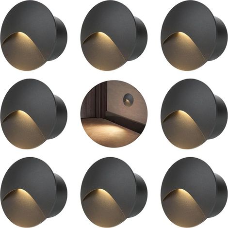 LED Spot Mural Encastré 3W, Lumière d'escalier 60mm, Blanc chaud Applique murale encastrée avec boîte, 230V eclairage mural alu IP44, pour l'intérieur et l'extérieur, noir(Paquet de 8) (1/5)