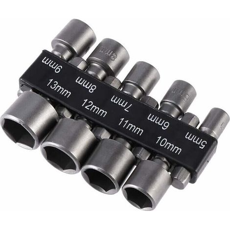 Screwdriver Bit Holder Set of 9 Imperial Socket Drill Bits from 5 to 13 mm with Impact Nut for 1/4" Hex Shank Drill (1/5)