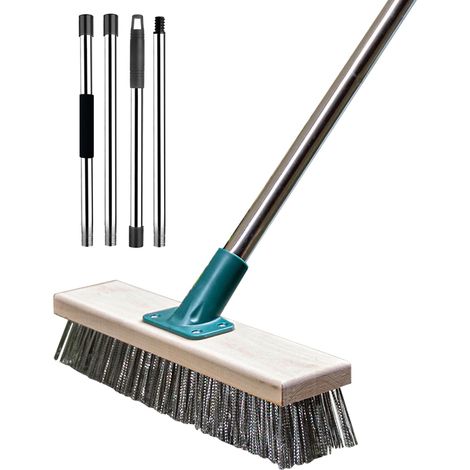 Brosse métallique en acier inoxydable avec long manche pour nettoyer les sols en extérieur pour mousse, taches difficiles sur béton, joints, jardin, garage, terrasse, piscine (1/5)