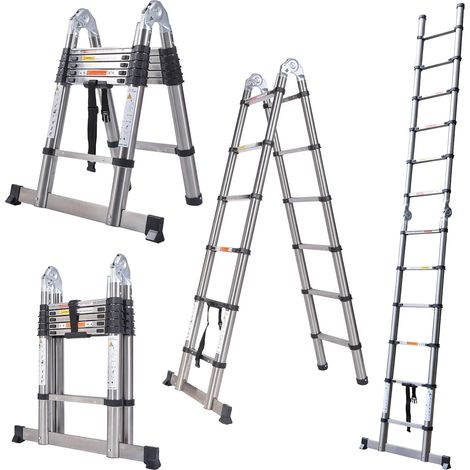 Échelle télescopique en acier inoxydable de 6,2 pieds, stabilisateur réglable, pieds antidérapants, échelle télescopique portant 150 kg(1,9 + 1,9 mètres) (1/5)
