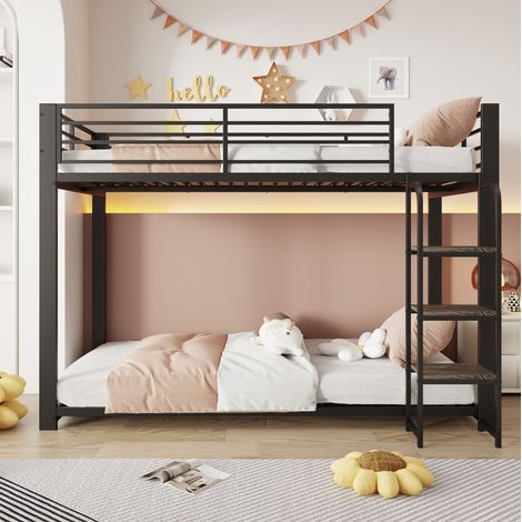 Litera 90/200 cm en negro con escalera-estantería de madera, estructura metálica y barrera de seguridad (1/5)