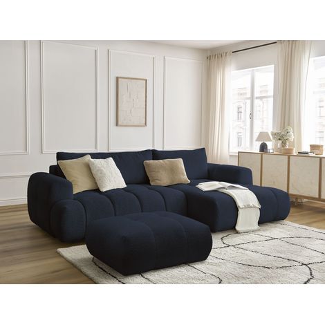 BOBOCHIC - Canapé d'angle convertible FUJI tissu bouclette avec pouf Angle droit Bleu foncé (1/5)