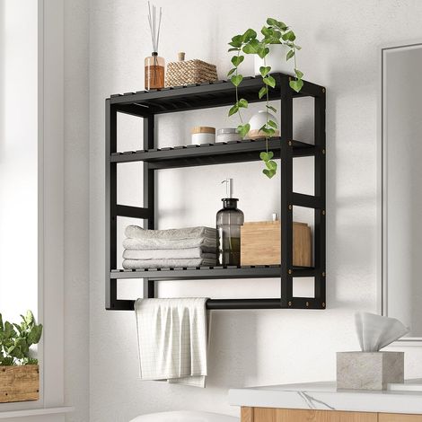 estante de pared, 3 niveles, almacenamiento para baño, toallero incluido, barra para colgar negra, encima del inodoro (1/5)