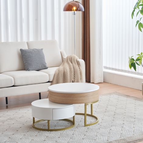 Conjunto de 2 mesas de centro nido elevables con 2 cajones, color blanco + natural 70x70x57 cm (1/5)
