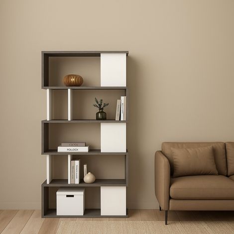 Dmora Bücherregal mit 5 asymmetrischen Böden, weiß und grau, Maße 80 x 175 x 29,5 cm (1/5)