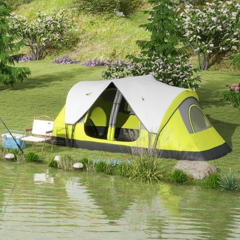Tente camping 6 places 2 espaces séparés polyester fibre verre verte - Dimensions: 450x215Px180 cm