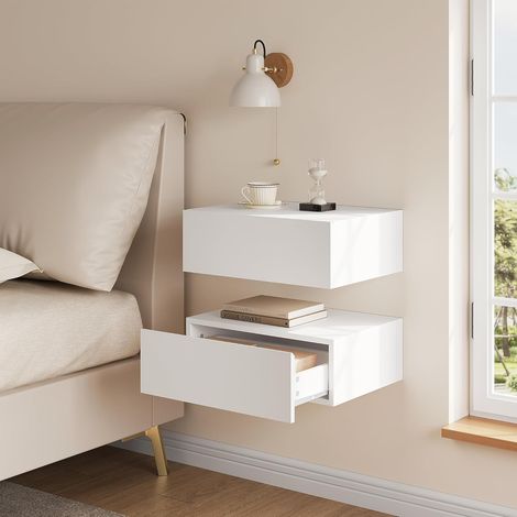Woltu – Lot de 2 tables de chevet suspendues avec tiroir – Bois mélaminé blanc – Dimensions 40x30x14 cm – Style scandinave élégant