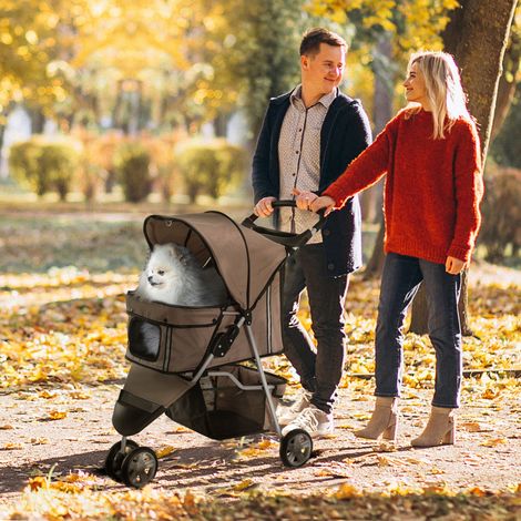 Poussette pliable pour animaux de compagnie, adaptée aux chiens et aux chats, avec porte-gobelet et panier de rangement, roues avec freins, toile Oxford 600D et structure en acier, 75 x 45 x 97 cm, ma