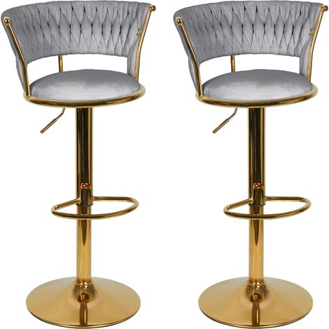 Lot de 2 Tabourets de Bar, en velours et métal, Chaises de comptoir réglable en Hauteur et Rotatif, Gris/Or (1/5)