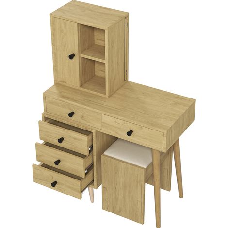 Tavolo da trucco con specchio a scomparsa, 5 cassetti, mobile laterale e sgabello beige (1/5)