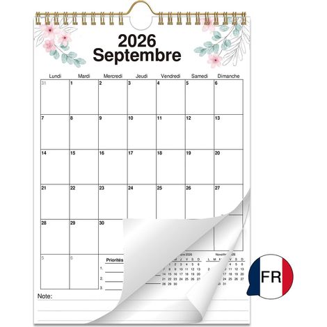 Calendrier Mural 2026-2027 A4, dès Sept. 2026, Aquarelle Fleurs, Français