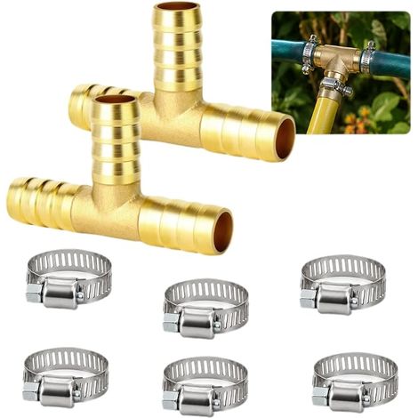 2pcs Raccord en T Laiton 19mm 3/4 Pouce 3 Voies, Raccord de Tuyau, T-Pièce Connecteur avec Colliers de Serrage Inox, Raccord Cannelé pour Tuyau d'Arrosage, Tuyau à Air Comprimé, Plomberie (1/5)