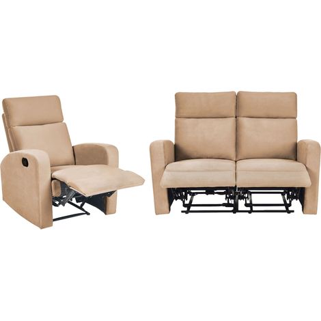 Manual Recliner Sofa Set Light Brown Velvet Upholstered 2 Seater Armchair Couch Modern Design Relax Function VERDAL (1/5)