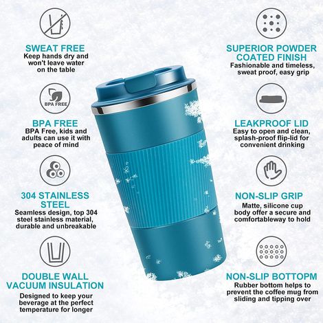 Mug de voyage réutilisable isotherme isotherme en acier inoxydable pour boissons chaudes et froides (bleu, 510 ml) (1/4)