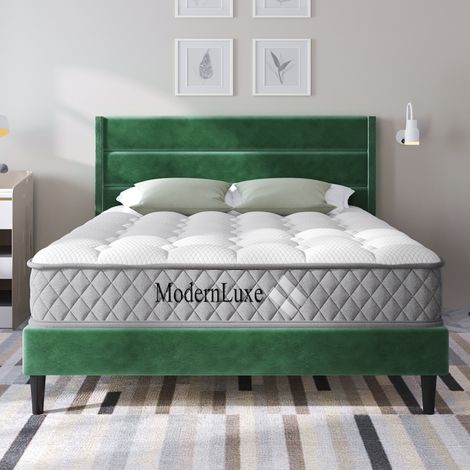 Lit double 140x200 cm avec sommier et tête de lit, cadre capitonné en velours vert foncé, design moderne intemporel (avec matelas) (1/5)