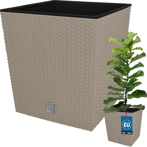 KOTARBAU® Kotarbau® Pot de Fleur Exterieur 32 x 32 cm - avec Insert Intérieur Pot Plastique Plante 32 L - Pot de Fleur Carré - Aspect Rotin - Moka (1/5)