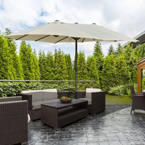 Doppelter Gartenschirm 455 x 265 x 238 cm, großer Sonnenschirm mit Handkurbel, wasserabweisend, Sonnenschutz, cremefarben