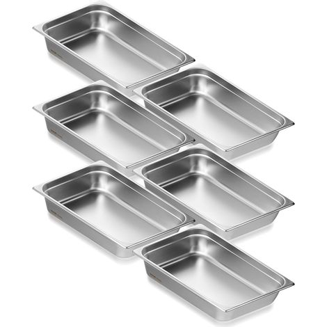 Bac Gastronorme GN 1/1 Lot de 6, Récipient Inox pour Bain-marie 0,8 mm d'Épaisseur, Bac Inox Alimentaire 10,7 cm Profondeur, pour Fours à Convection, Réfrigérateurs, Stockage, Restauration (1/5)