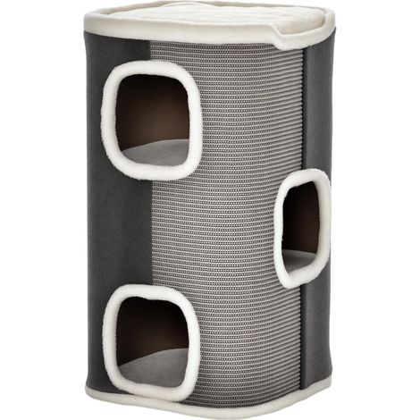 Katzenbaum Kratztonne mit 3 Ebenen, Spanplatte, samtartiges Polyester, Sisal, Grau+Weiß, 40x40x74cm (1/5)