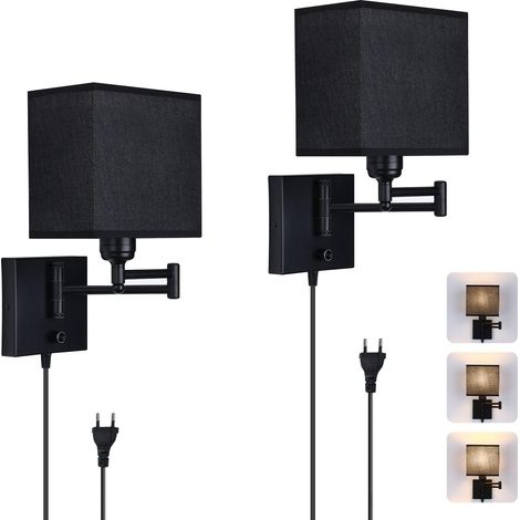 ZOLGINAH Lot de 2 Applique Murale Dimmable Lampe Murale à Bras Long Balançoire Réglable Rotation à 270 Degrés avec Interrupteur Fil Tissu Noire Ampoule E27 pour Chambre Salon Loft (1/5)