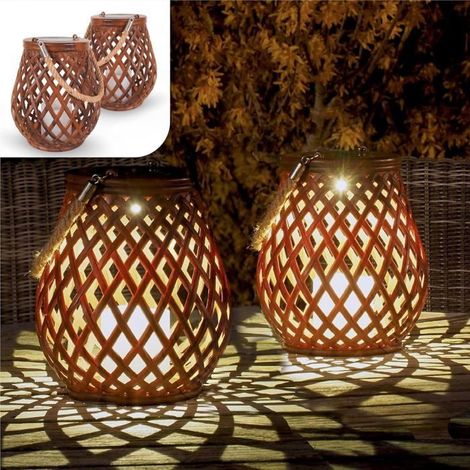 Lot de 2 lampes solaires d'extérieur - Lampes LED effet rotin - 0,2 W IP55 - 21 x 17 cm - pour jardin, terrasse et balcon (1/3)