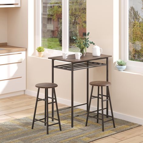 Bartisch Set, 1 Tisch und 2 Hocker, mit Ablage, im Industrie-Stil, MDF, Schwarz (1/5)