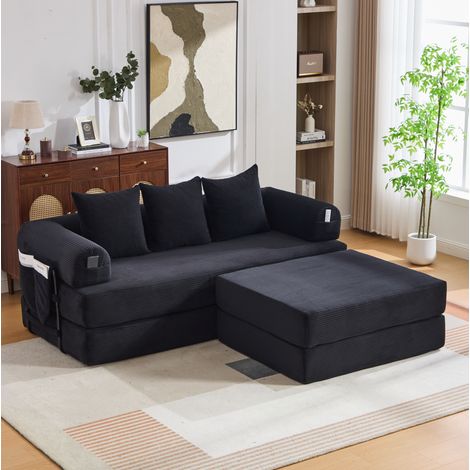 Divano modulare in velluto a coste con pouf, 3 cuscini e tasca laterale, nero DESVIAE (1/5)