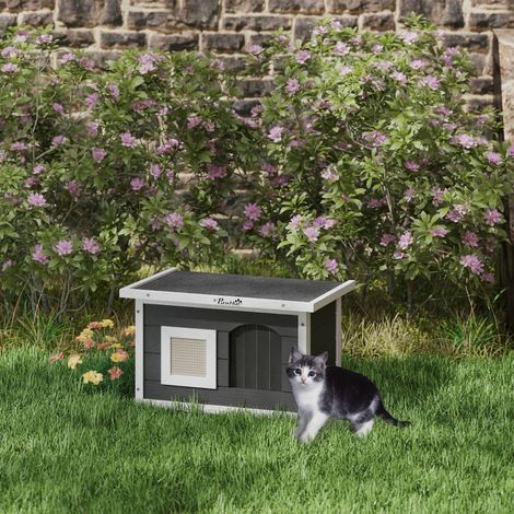 Maison à chat en bois 61 x 45 x 36,5 cm gris avec tapis à griffer. Toit pliant imperméable et sol amovible pour usage intérieur et extérieur. (1/5)