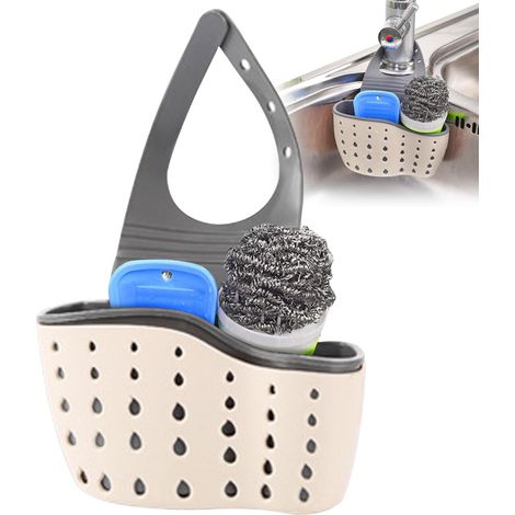 2pc Porte-éponge pour lavabo de Cuisine, Support d'évier Suspendu de Cuisine avec Sangle et Trou de vidange réglables (Beige) (1/5)