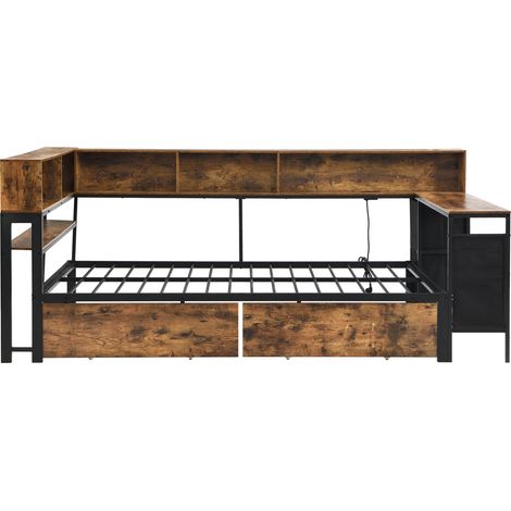 Lit 120x200 cm en métal et bois avec 2 tiroirs, étagères, tablette et recharge (1/5)