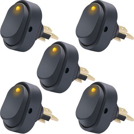 5 piezas 12V 30A SPST Interruptor basculante redondo de 3 pines ON/OFF con luz LED para automóvil ASW-20D-BU, Amarillo (1/5)