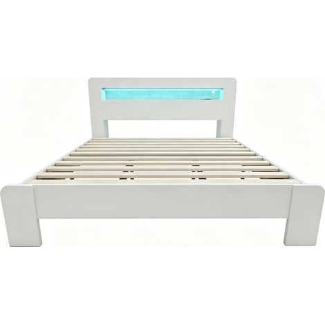 Lit plateforme en bois 180 x 200 cm avec rangement, LED et prises intégrées, blanc (1/5)