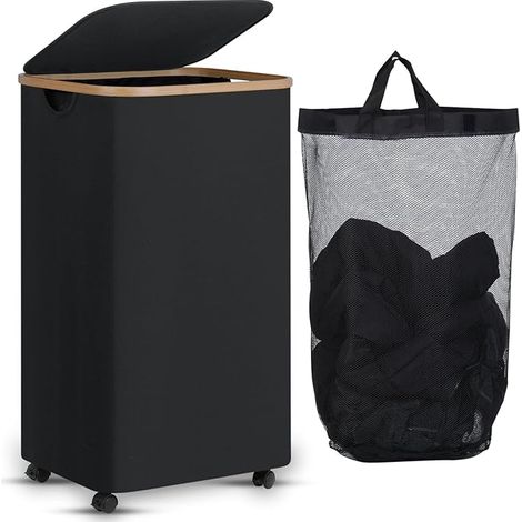 Panier à Linge sur Roues 100L, Grands Panier à Linge avec Couvercle, Panier à Linge Pliable avec Poignées en Bambou et sac Amovible pour la Chambre, la Salle de Bain, la Buanderie (1/5)
