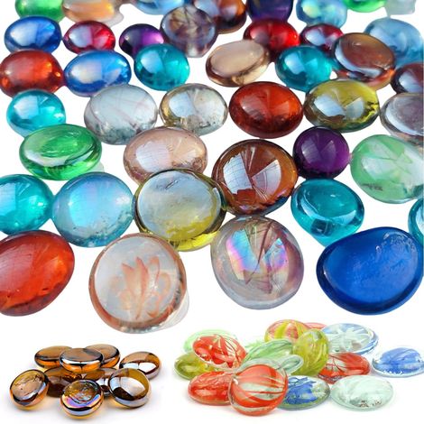 Billes Plates, Galets de Verre Ornementaux 90pc, Galets de Verre, Cabochons en Verres Colorés pour L'aménagement Paysager des Aquariums, pour L'aménagement Paysager des Aquariums,DIY (1/5)