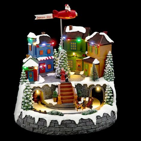 Village de Noël avion du Père Noël et calèche lumineux et animé (1/3)